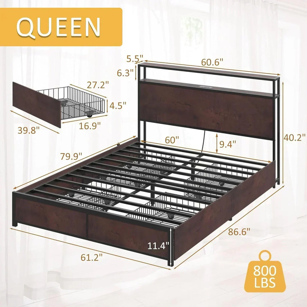 Lifezone Queen Bed Frame 2-Tier Storage Headboard Metal Platform Bed Frame 4 Storage Drawers