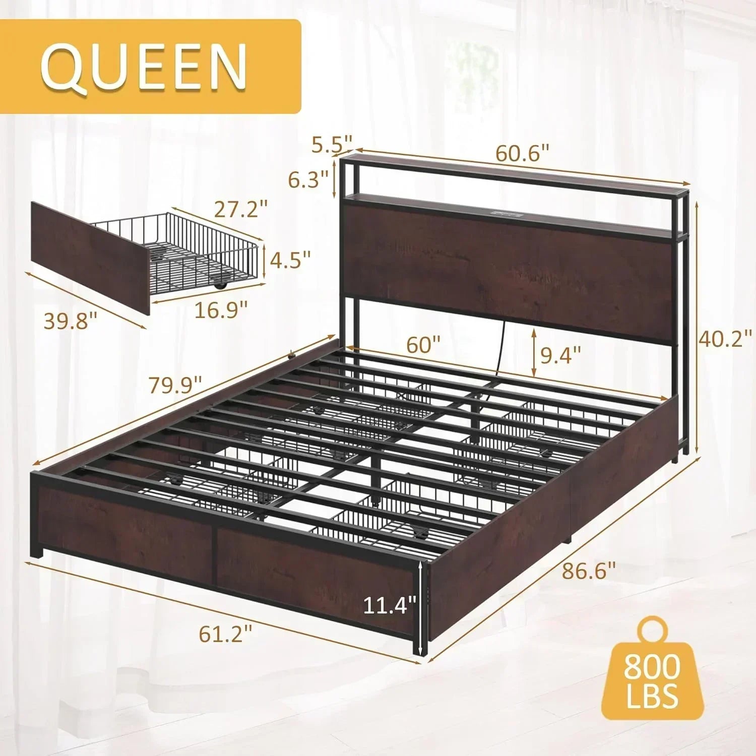 Lifezone Queen Bed Frame 2-Tier Storage Headboard Metal Platform Bed Frame 4 Storage Drawers