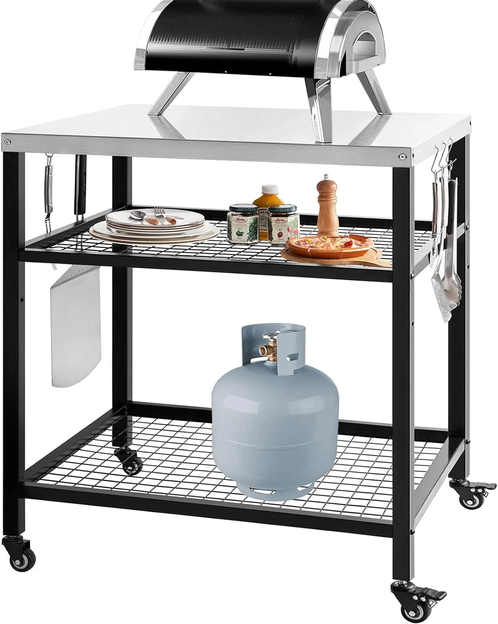 Stainless Steel Outdoor Grill Cart Pizza Oven Stand Trolley Table with Wheels Three-Shelf Movable Food Prep and Work Table Heavy Duty Grill Carts Outdoor Cart 31.5×24×35.5