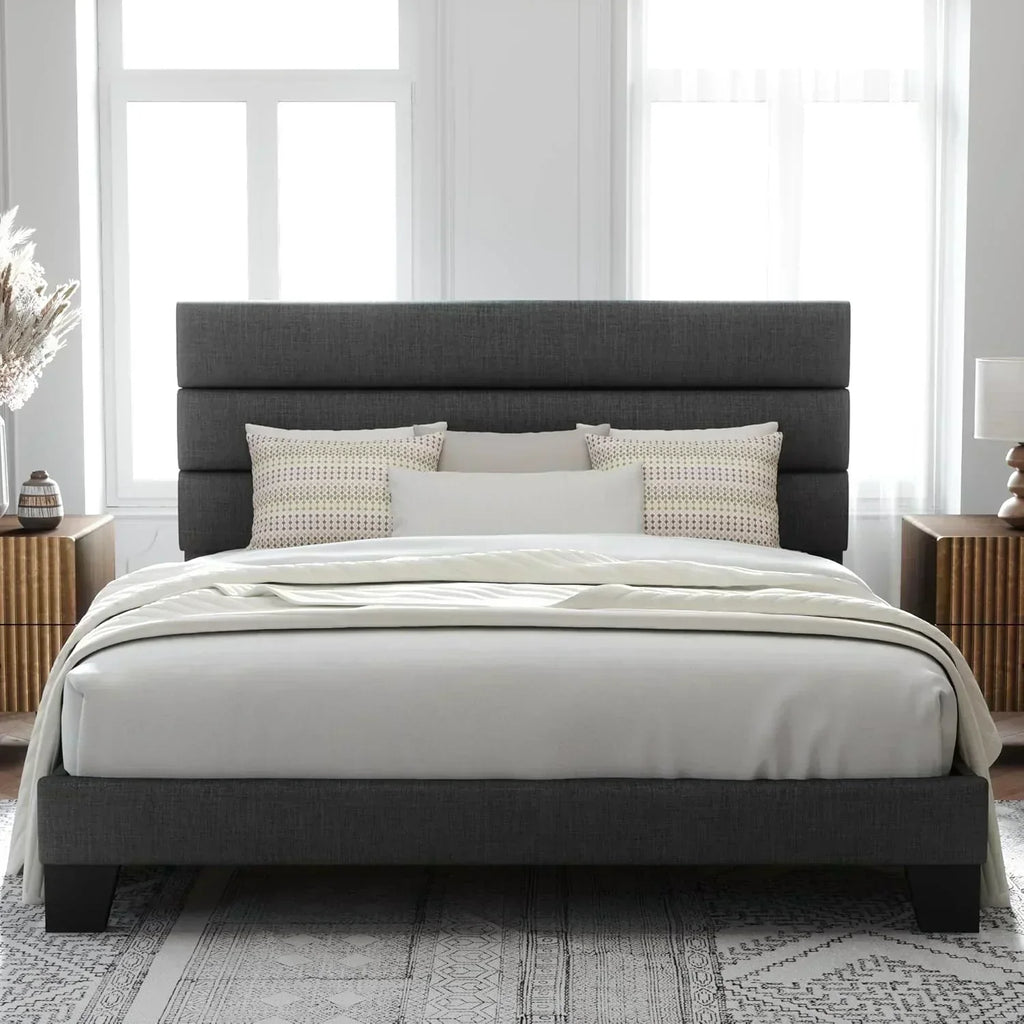 Allewie King size platform bed frame with velvet upholstered headboard and planks