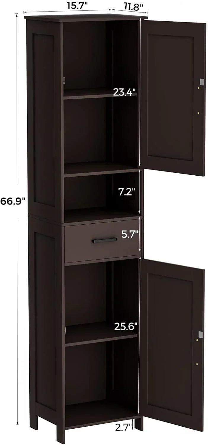 Homhedy 67 H Tall Bathroom Storage Cabinet with 2 Barn Doors and 1 Drawer Narrow Storage Unit
