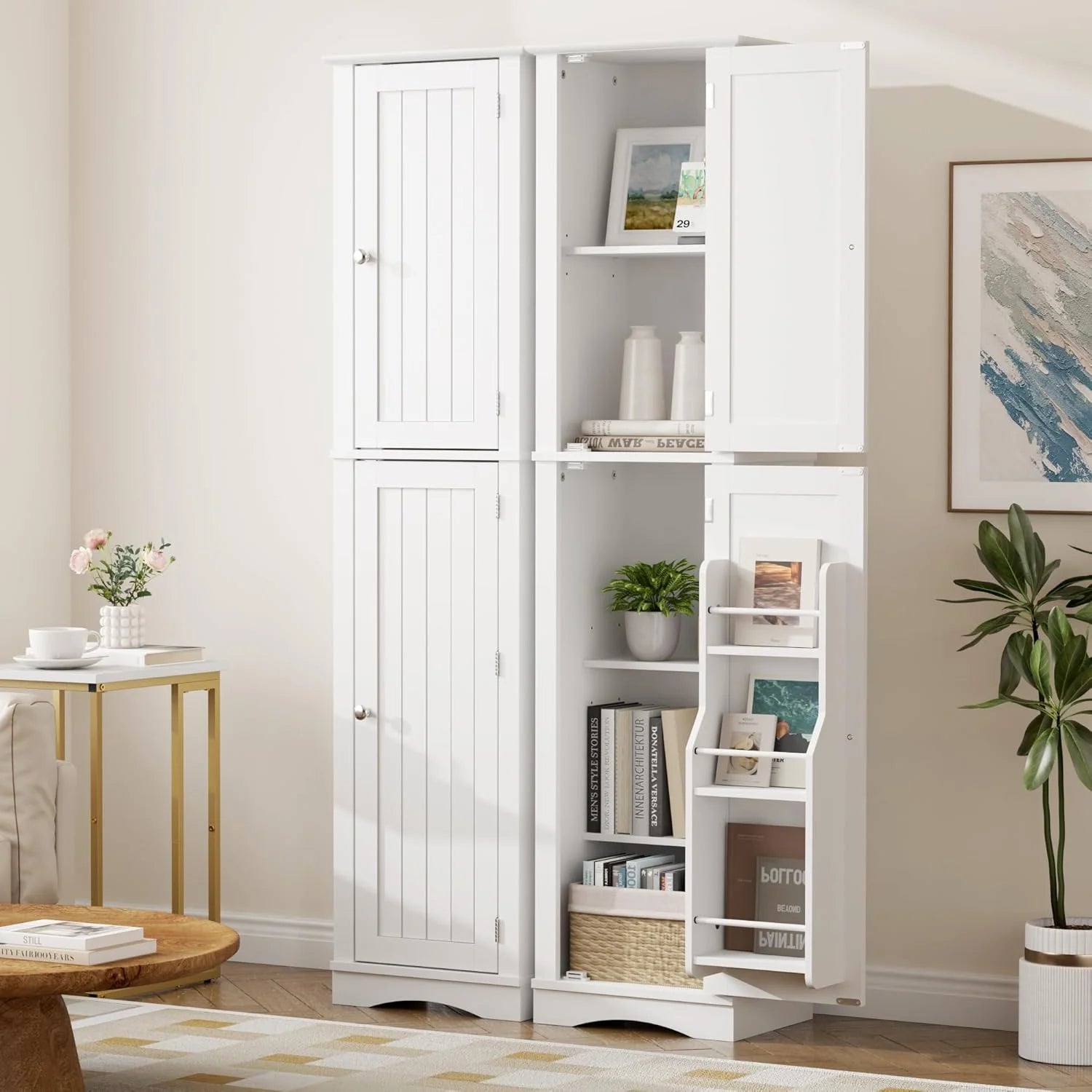 Tall Pantry Cabinet, Freestanding Storage Cabinet, Wooden Kitchen Pantry with 4 Doors and 5 Shelves, 72 Floor Cabinet Organizer