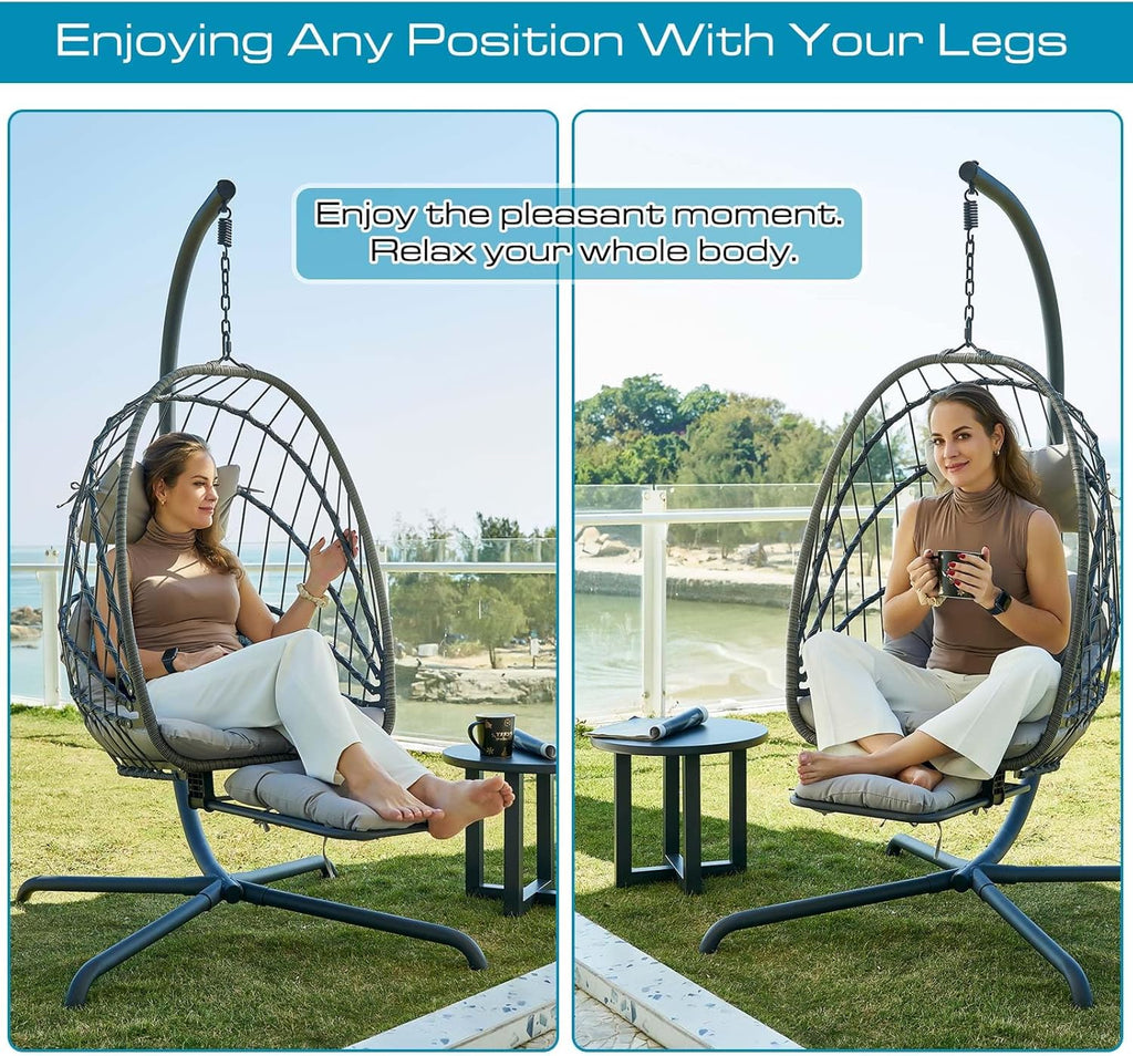 Hanging Egg Chair Stand Leg Rest Rattan Wicker Swing Hammock Chair UV-Resistant Cushion
