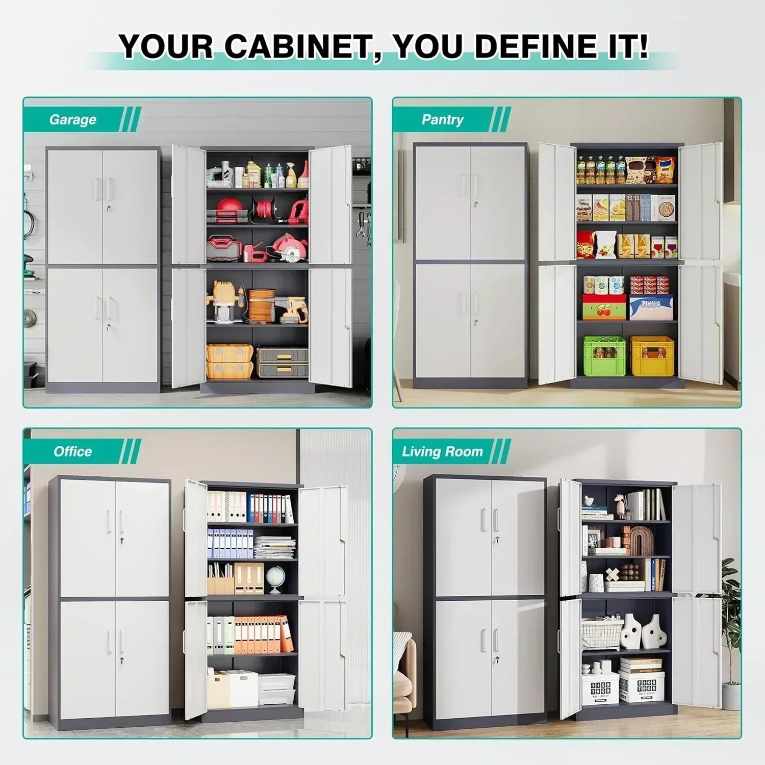 Metal Storage Cabinet with 2 Doors and 6 Shelves Black Metal Cabinet Garage Storage Cabinet