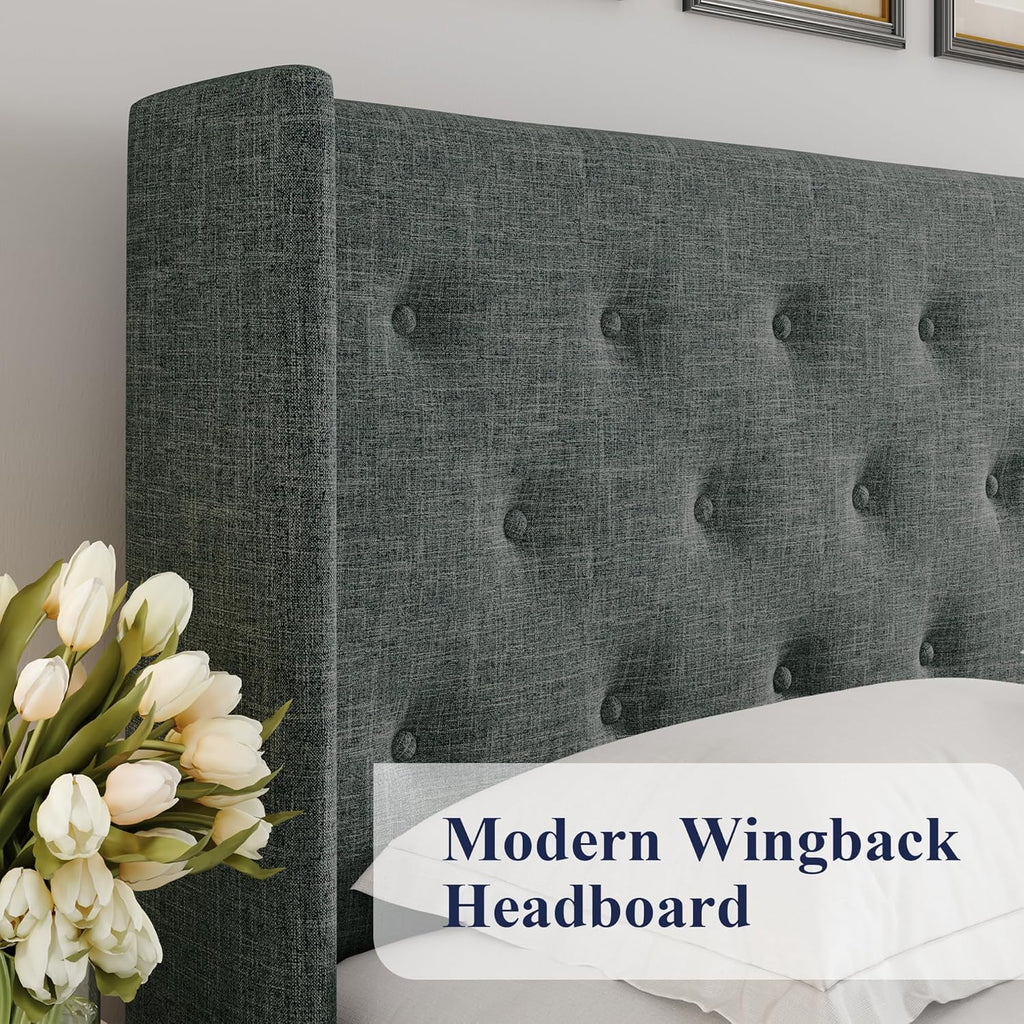 Allewie Queen Size Lift Up Storage Bed Modern Wingback Headboard Hydraulic Support