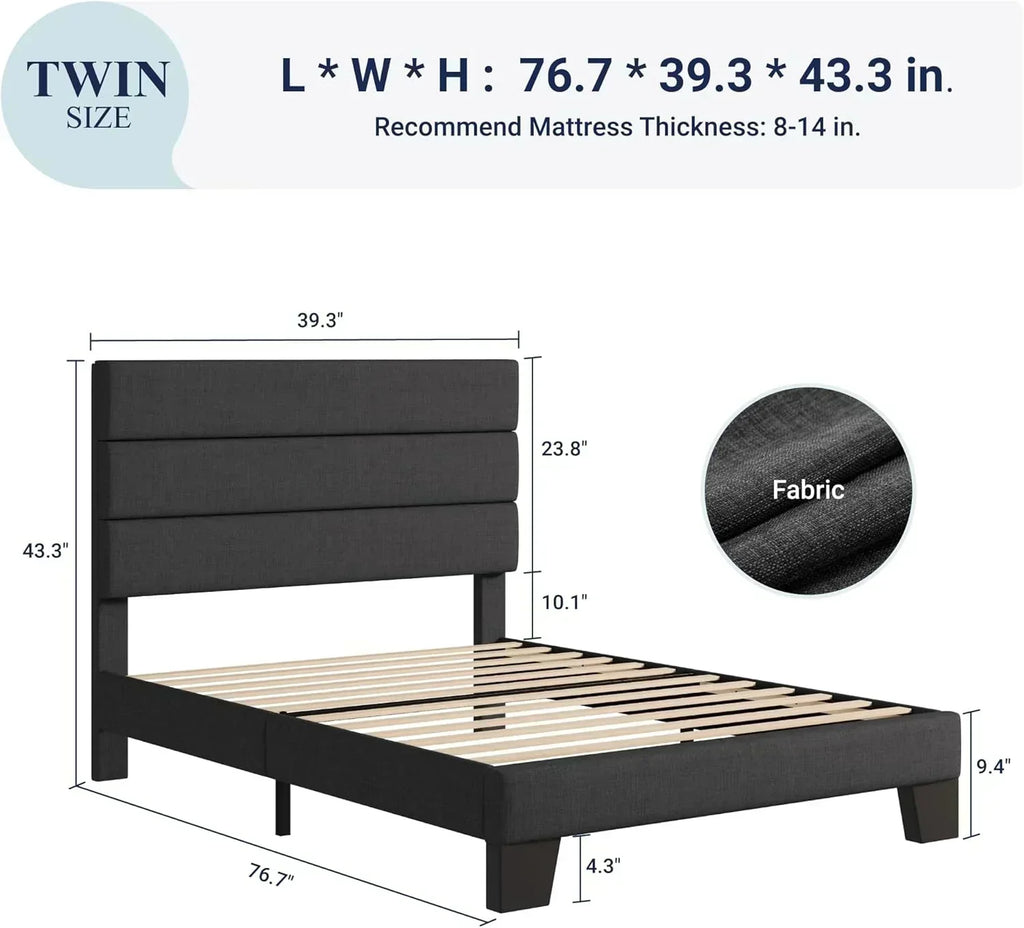 Allewie King size platform bed frame with velvet upholstered headboard and planks
