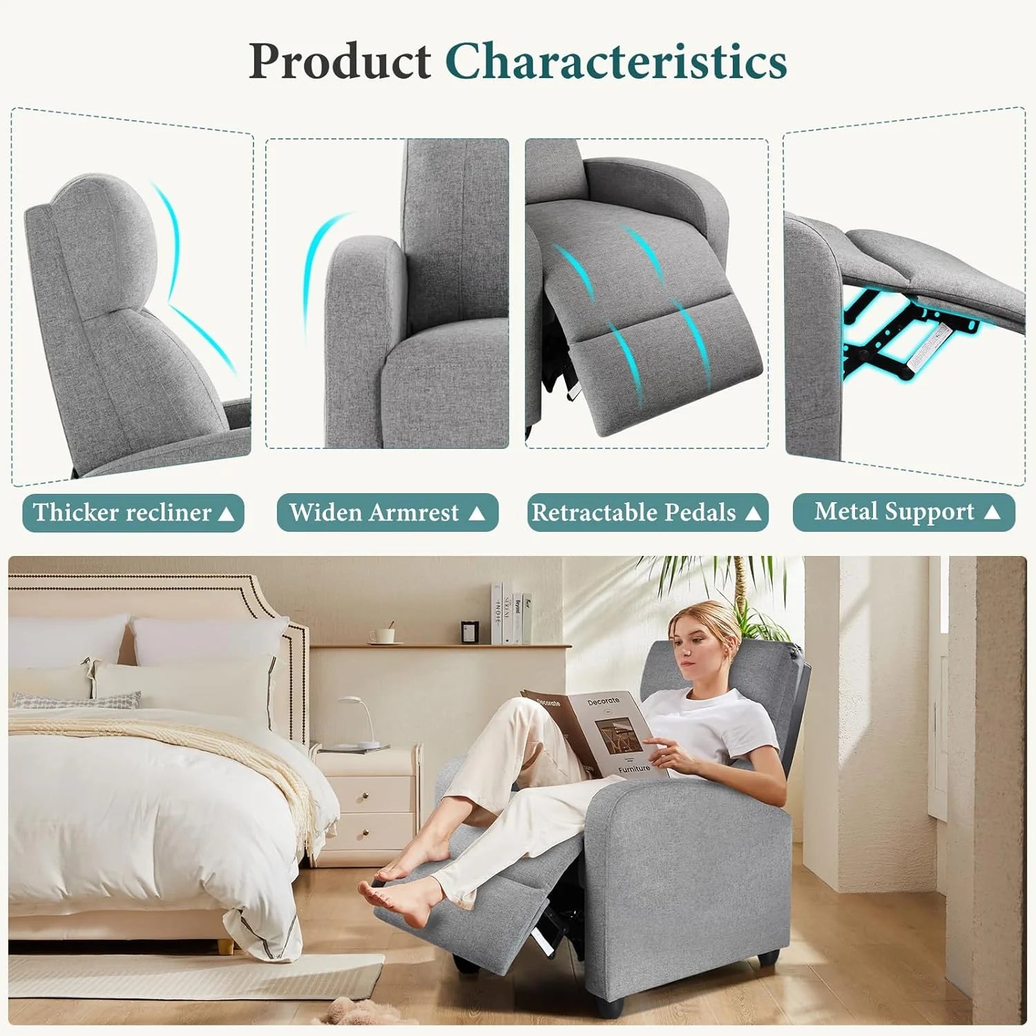 Swivel Rocking Recliner Chair with Extra Large Footrest High Back, Upholstered Glider Nursery Chair for Living Room, Bedroom & Nursery, Comfortable Deep Seat for Relaxation, Grey