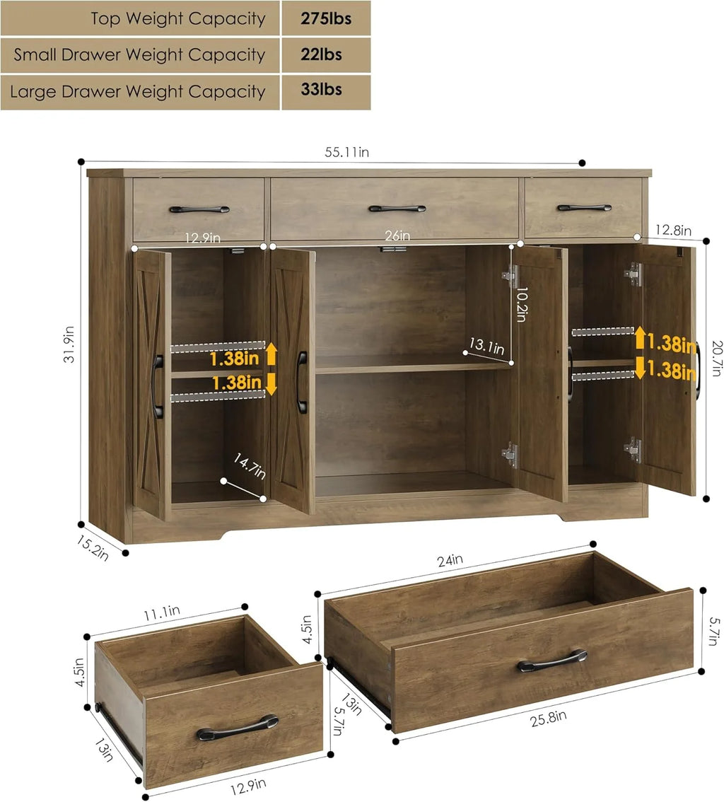 Sideboard with drawers, large 55-inch sideboard, sideboard storage with shelves and doors, modern farmhouse coffee bar wood kitchen dining table