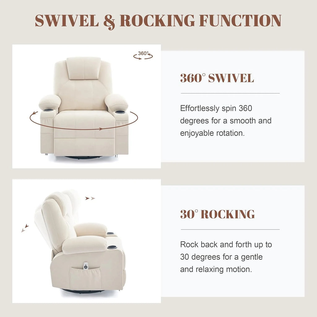 Large Swivel Rocking Recliner with Heating and Massage Function, 360 Degree Swivel Rocking Single Sofa