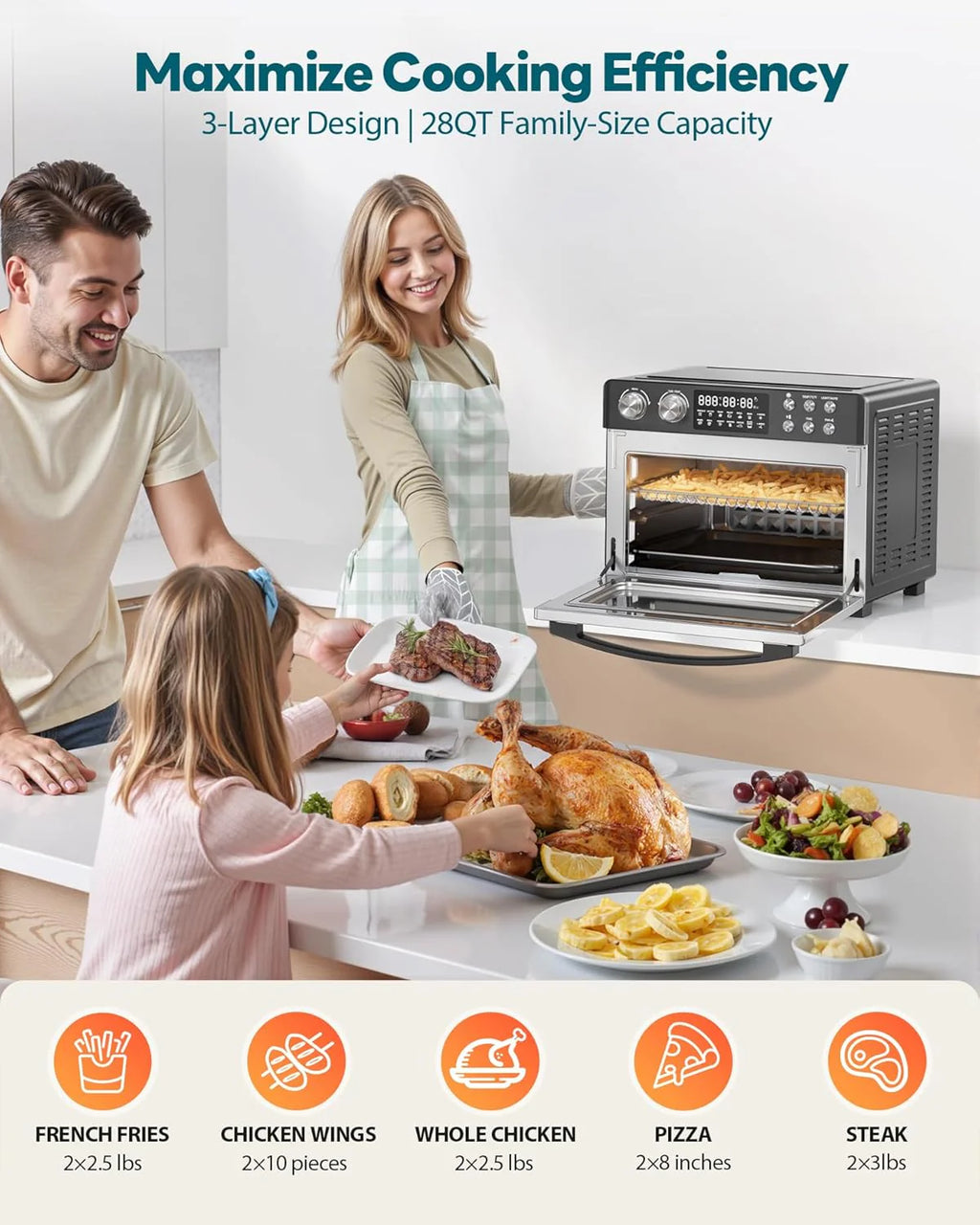 28QT Air Fryer Toaster Oven Combo, Large 12-in-1 Convection Countertop Oven with 3-Layer Cooking, Rotisserie for Chicken, 6 Heating Tubes, Fast Preheat, Fits 11 Pizza, Full Accessories, Sparkle Black