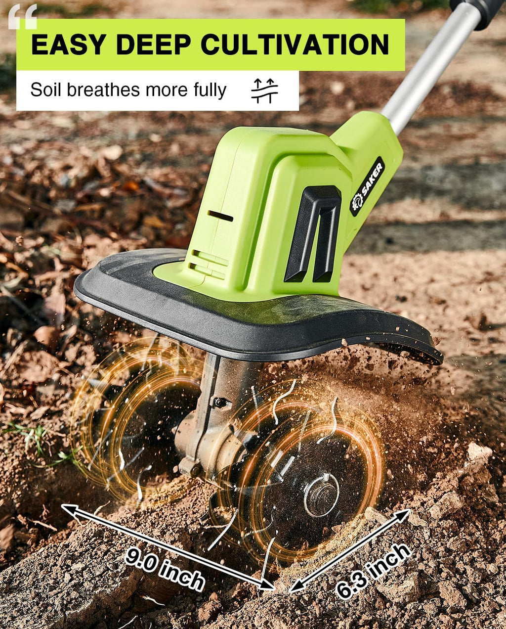 Saker 22V Cordless Electric Garden Tiller Cultivator Lightweight Rototiller for Gardening