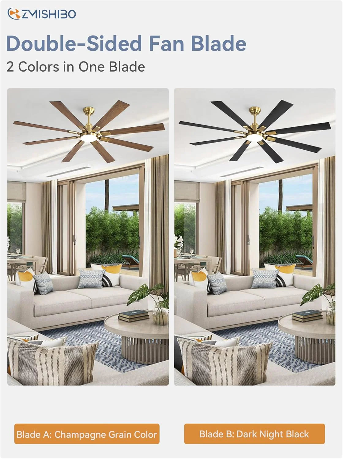 ZMISHIBO 72 inch Large Ceiling Fans with Lights and Remote, Indoor/Outdoor Black Modern Ceiling Fan for Kitchen Living Room Patio, 6 Speed Reversible Quiet DC Motor, 3 CCT, Dual Finish 8 Blades