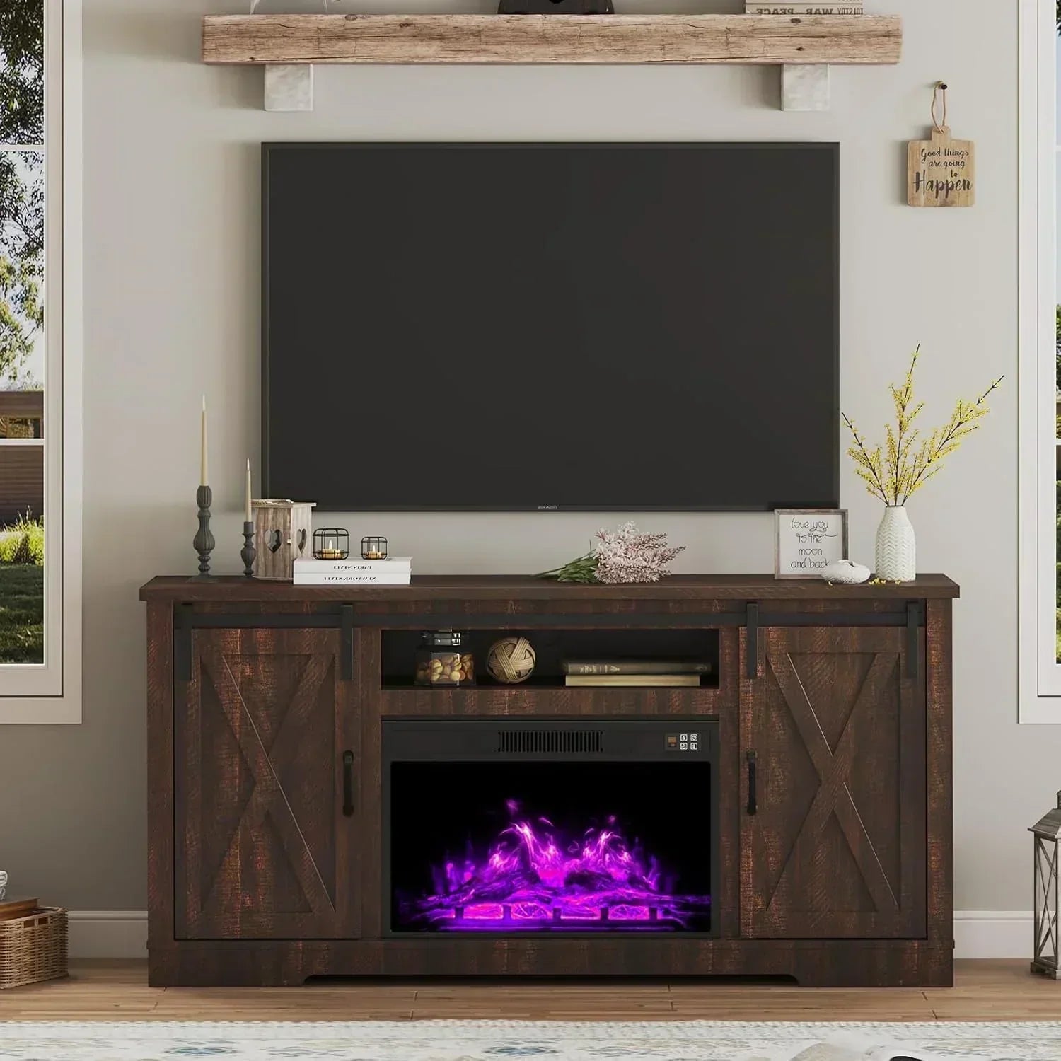 AMERLIFE Fireplace TV Stand with Sliding Barn Door  Farmhouse 63 Fireplace Entertainment Center
