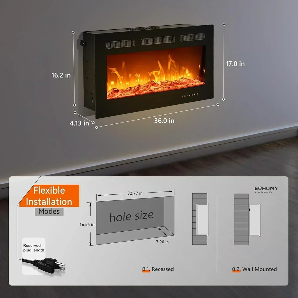 EUHOMY 50 Inch Electric Fireplace Wall Recessed Adjustable Flame Color Fireplace Heater