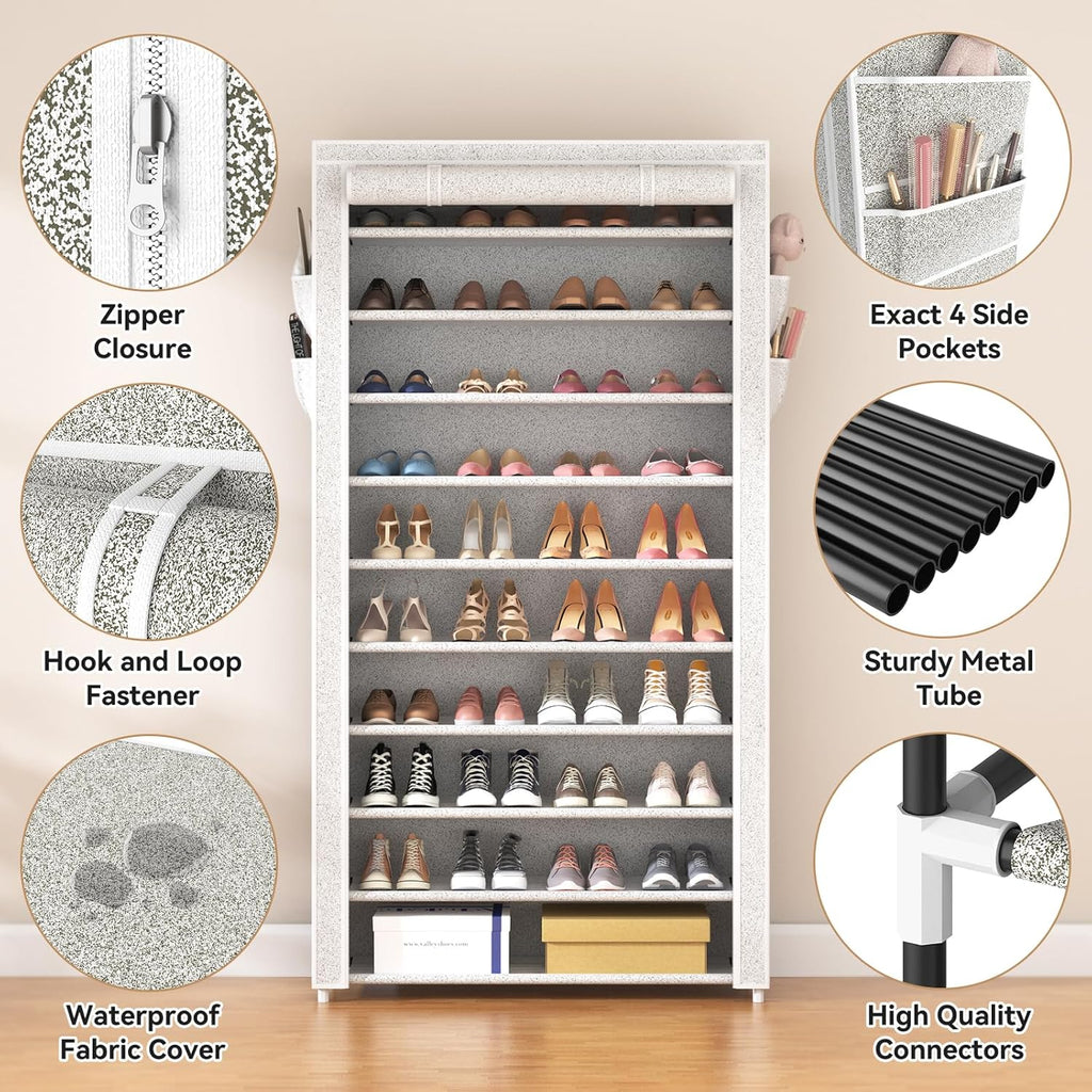 ROJASOP 10 Tier Shoe Rack with Covers Large Capacity Stackable Tall Shoe Shelf Storage