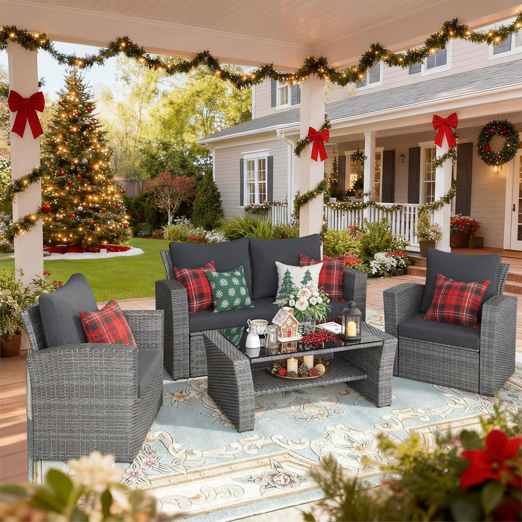Wisteria Lane 4 Piece Patio Furniture Set, Wicker Outdoor Patio Conversation Furniture Set, All Weather Outdoor Patio Sofa with Cushion and Glass Table, Navy Blue