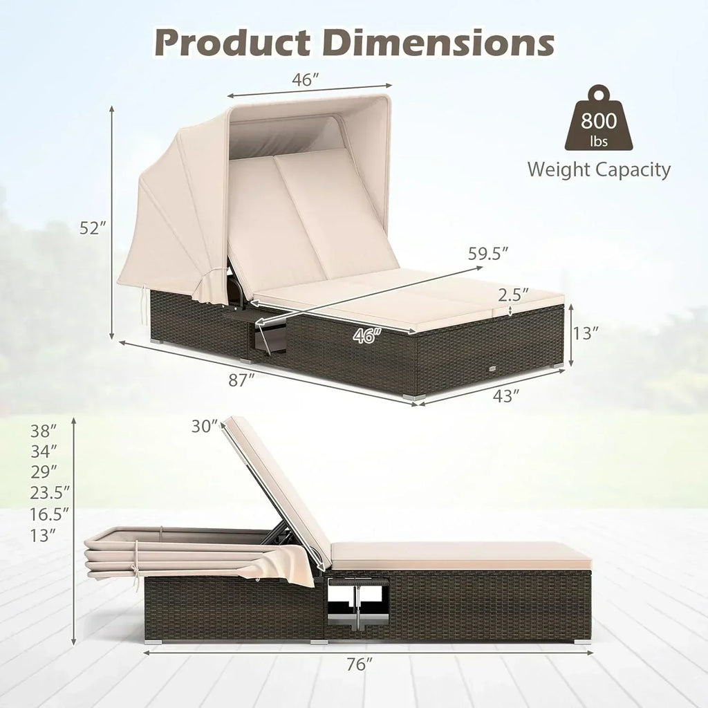 RELAX4LIFE Outdoor Daybed Retractable Canopy Wicker Double Chaise Lounge 6-Position Backrest