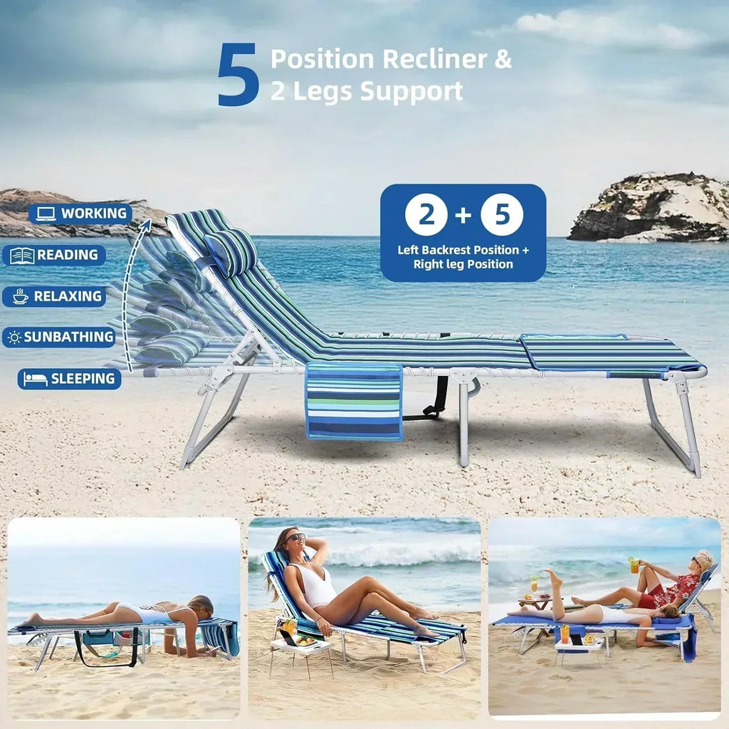 3-in-1 Beach Chair Face Holes Lounge Chair Outdoor with Folding Side Table 5-Position Recliner