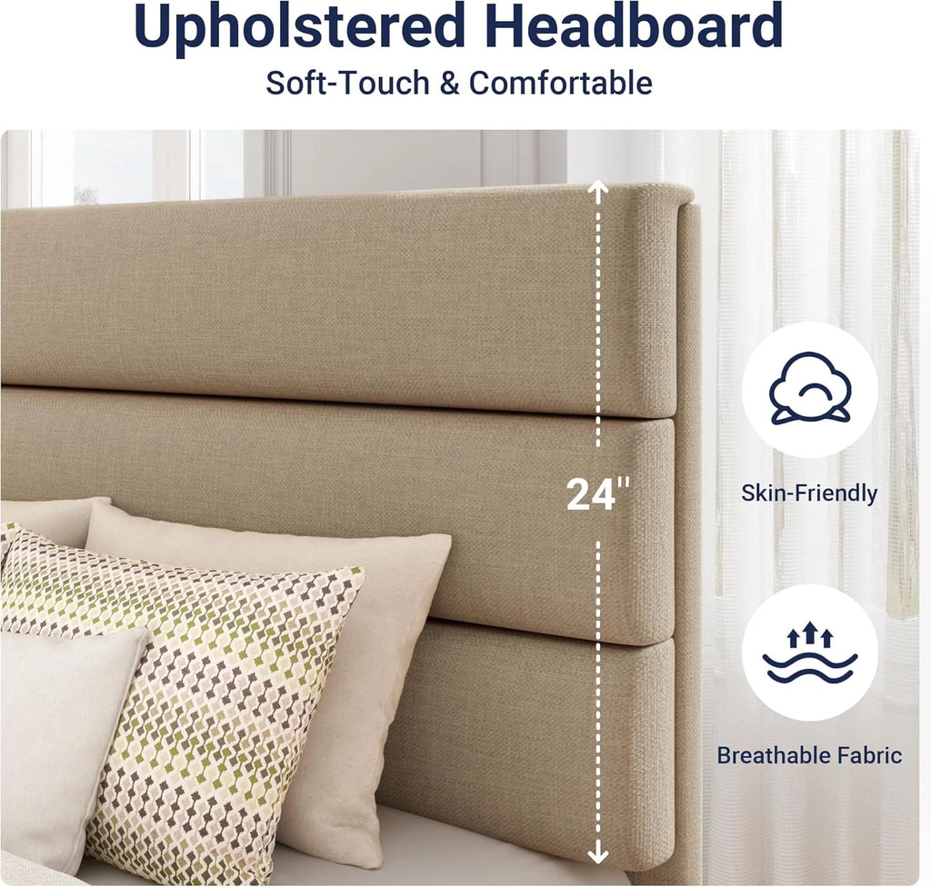 Allewie Queen Size Platform Bed Frame Fabric Upholstered Headboard Wooden Slats Support