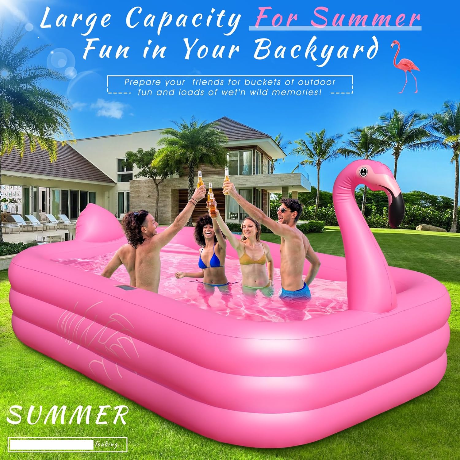 Inflatable Pool with Lights Solar Flamingo Swimming Pool for Kids Adults Inflatable Blow up Pool