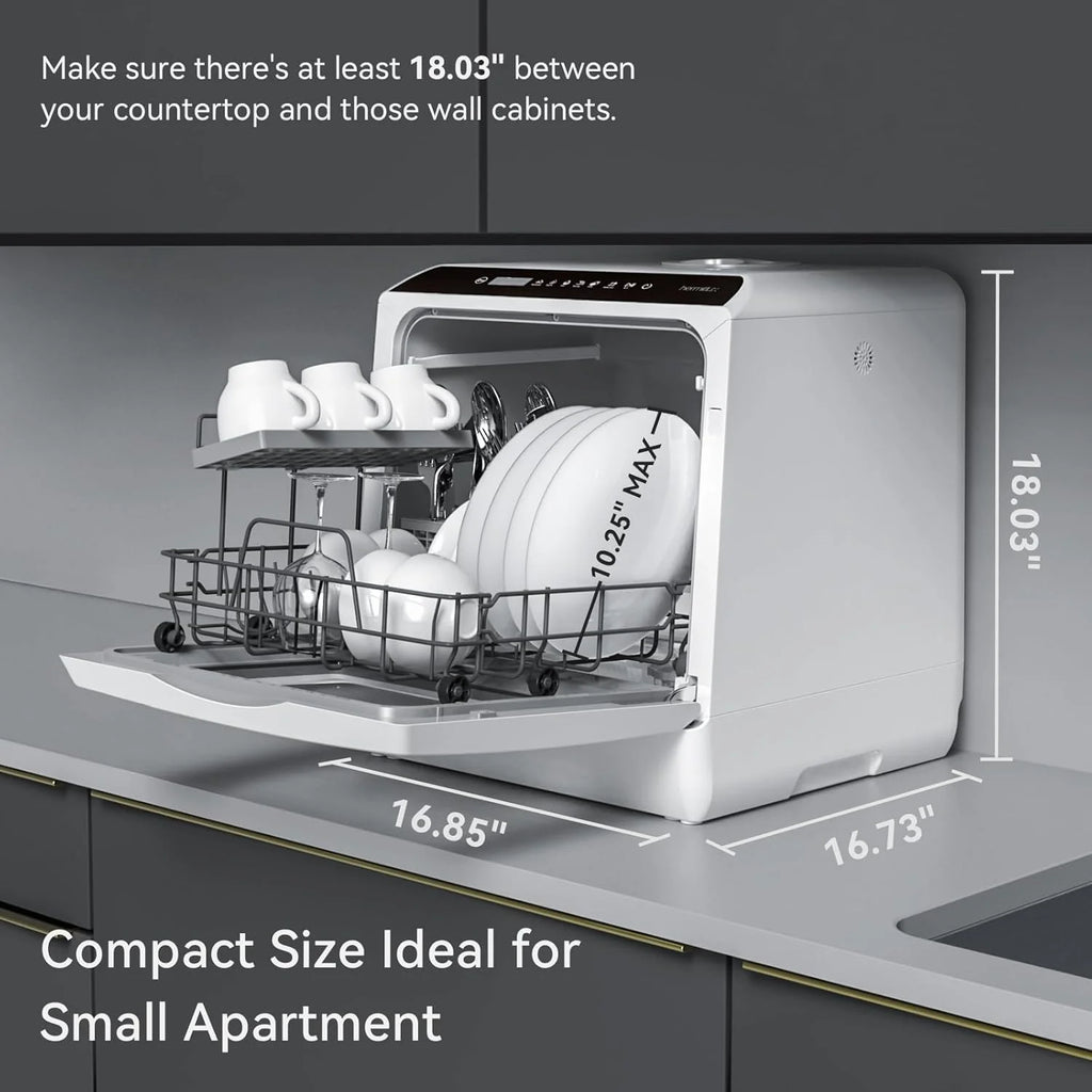 Hermitlux Countertop Dishwasher, 7 Washing Programs Portable Mini Dishwasher with 5-Liter Built-in Water Tank for Apartments & RVs, LED Light, Glass Door, No Hookup Needed