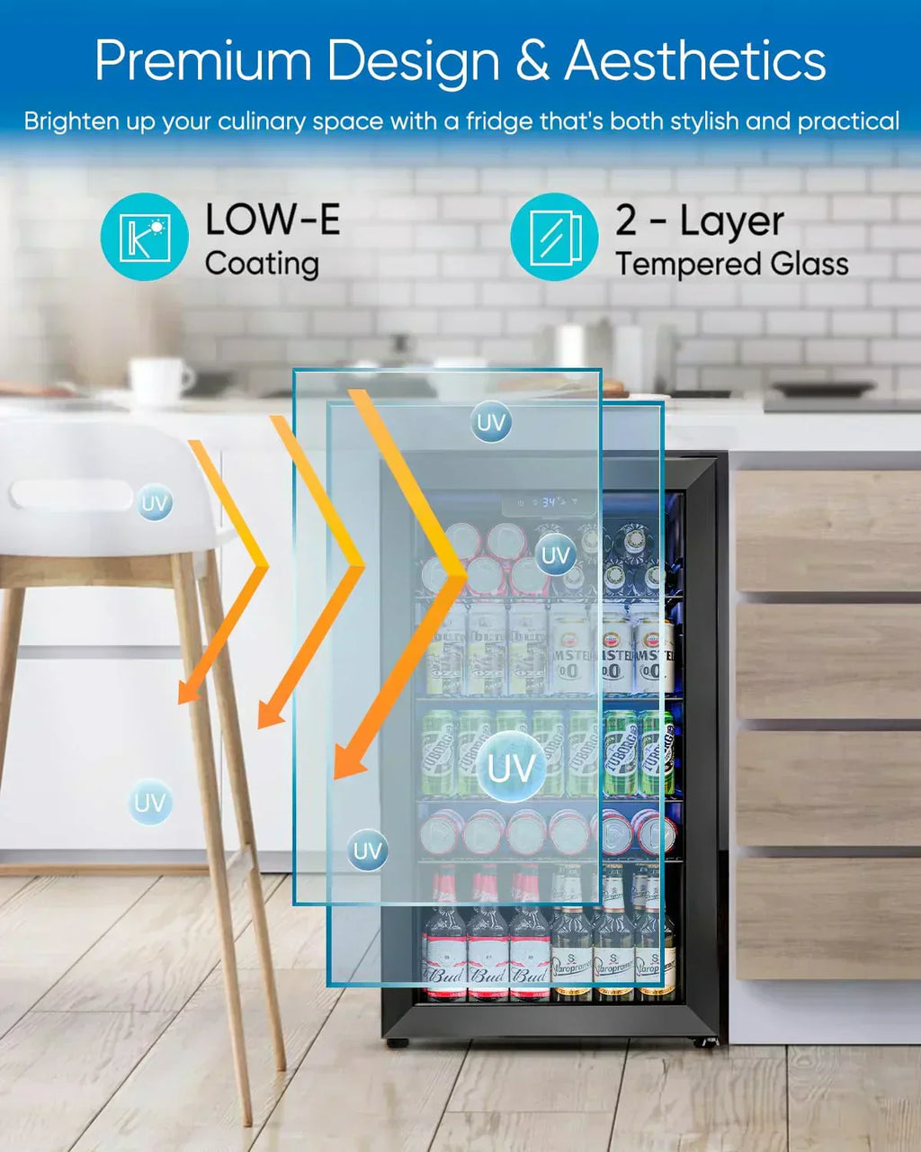 Beverage Refrigerator Cooler 126 Can Mini Fridge Glass Door for Drinks Soda Beer Wine Refrigerator