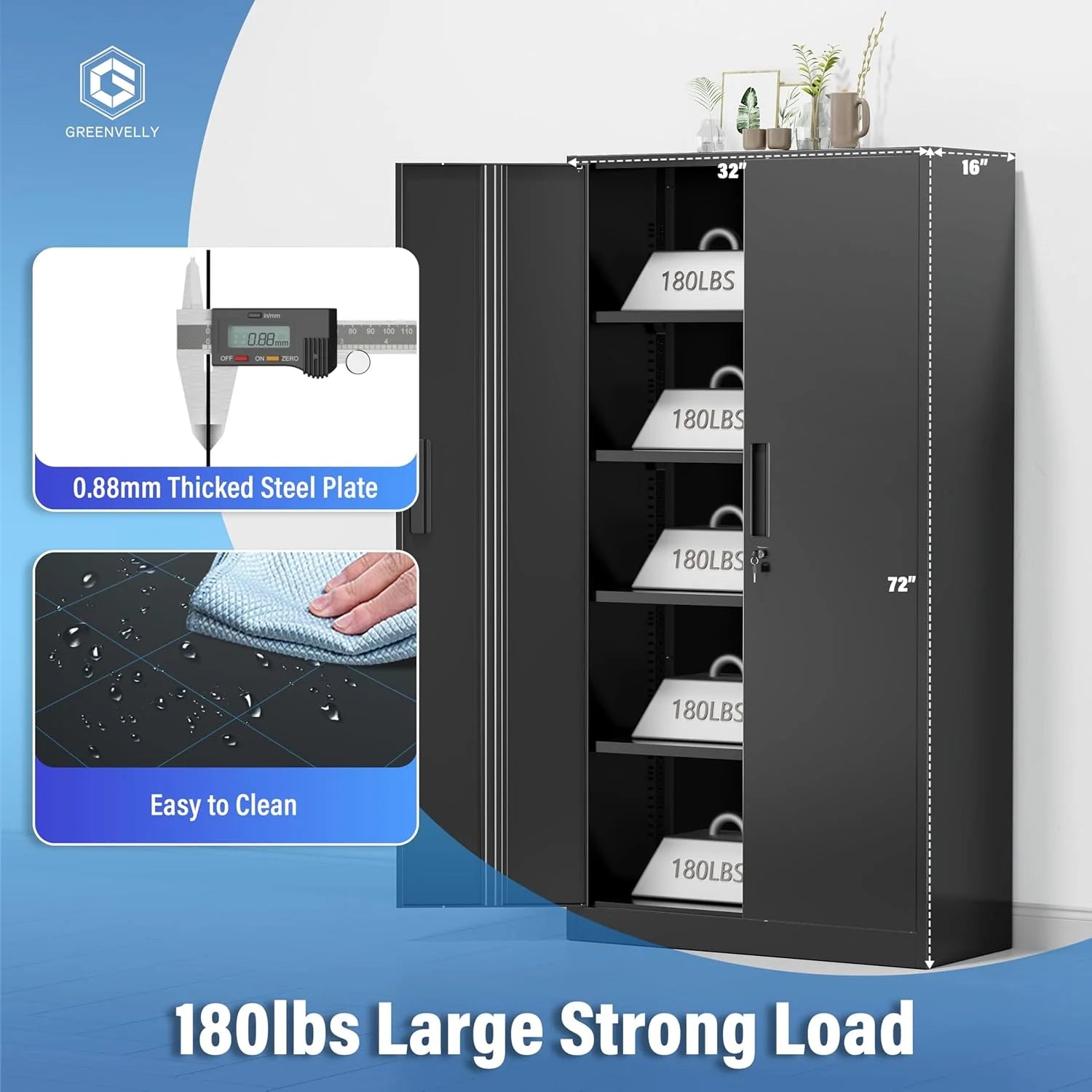 Greenvelly Metal Storage Cabinet, 72 Black Locking Metal Cabinet with 2 Doors and 4 Adjustable Shelves, Lockable Garage Storage Cabinets for Home Office, Garage, Kitchen, Living Room