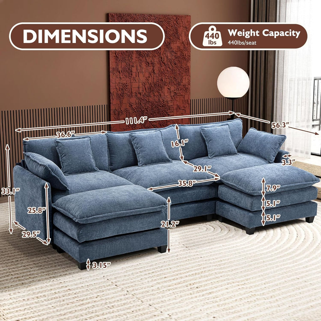 111.4 Inch L Shaped Modern Sofa Modular Cloud Sofa with Ottoman 4 Seater Chenille Deep Seat Sofa