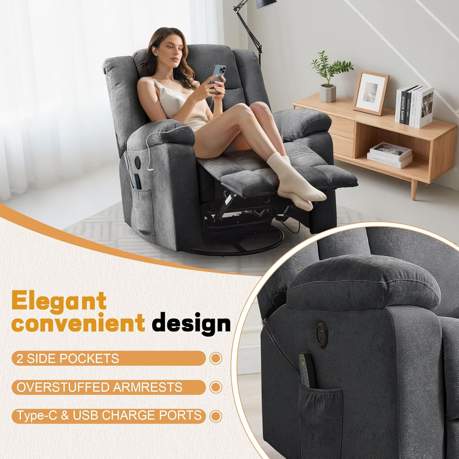 Rocker Recliner, Glider Recliner Chairs for Adults, 360�� Swivel Rocking Chair with Massage and Heating, Nursery Chair