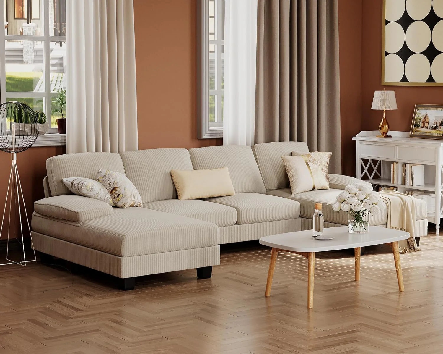 Furmax Sectional Couches for Living Room U-Shaped Sofa Couch Linen Fabric 4 Seat Sofa Set