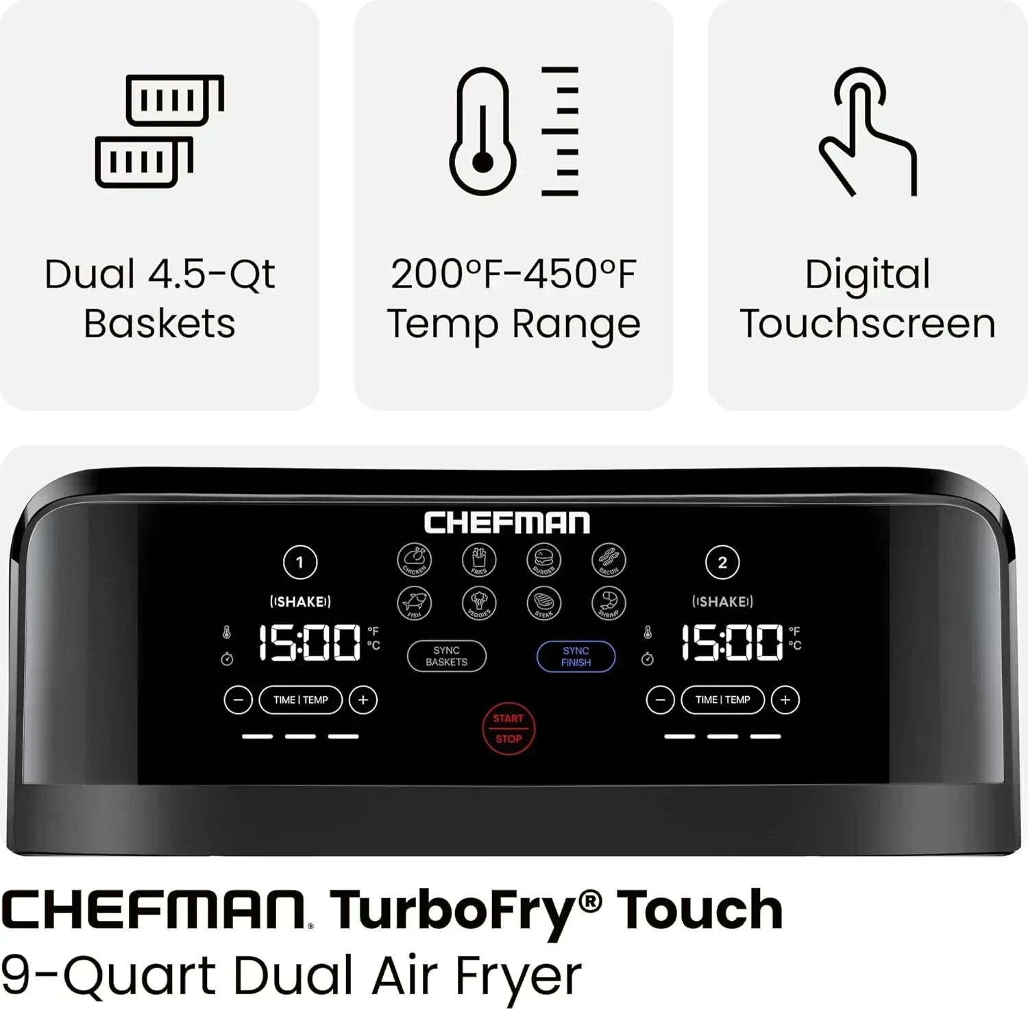 Chefman 6-Quart Dual Basket Air Fryer Digital Touchscreen Smart Sync Finish High-Frying