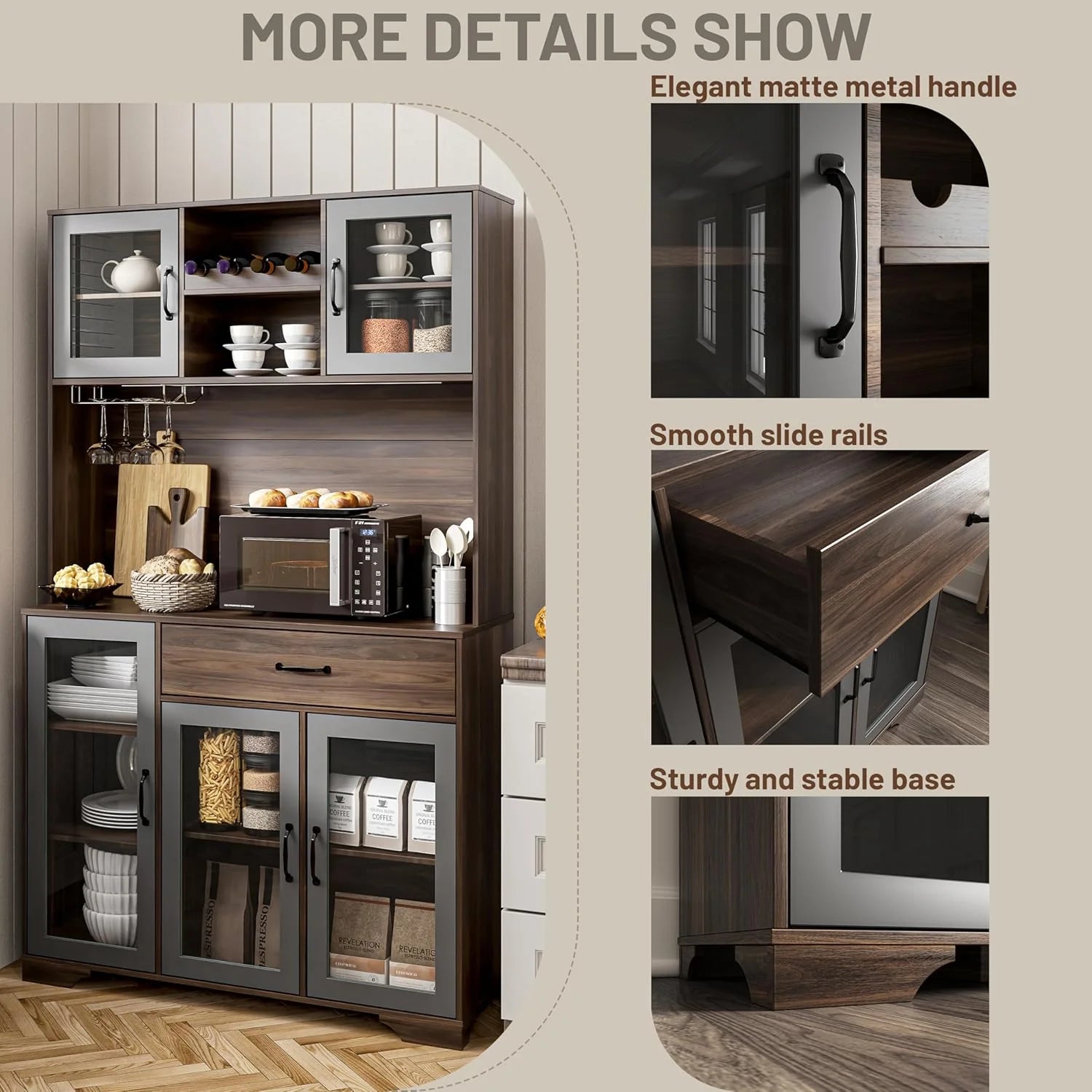 Kitchen Hutch Pantry Cabinet 71 Tall with Glass Doors