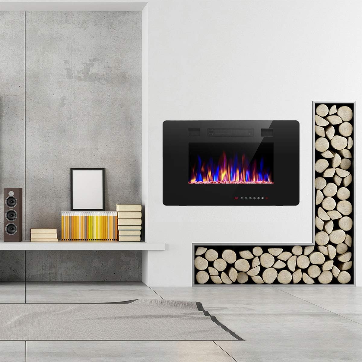 R.W.FLAME 60 Recessed and Wall Mounted Electric Fireplace, Low Noise, Fit for 2 x 6 Stud, Remote Control with Timer, Touch Screen, Adjustable Flame Color and Speed, 750-1500W