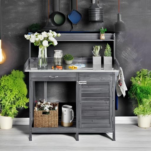 Yaheetech Outdoor Garden Potting Bench Table Work Bench Metal Tabletop Cabinet Drawer