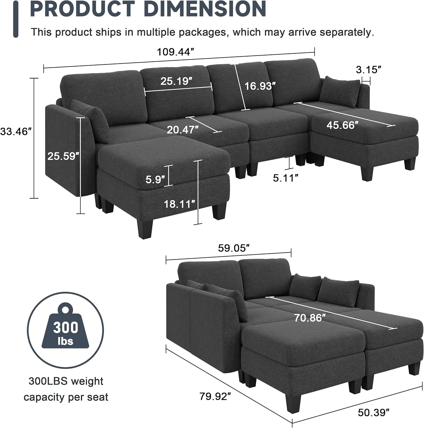 Modular Sectional Sof Convertible U Shaped Sofa Couch with High Density Memory Foam
