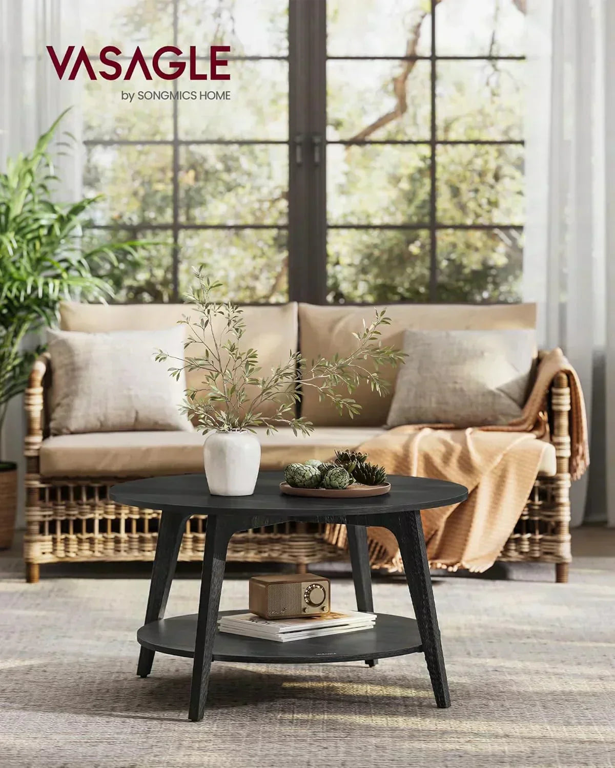 VASAGLE Round Coffee Table 2 Tier Coffee Table with Storage for Living Room 31.5 x 17.7 Inches