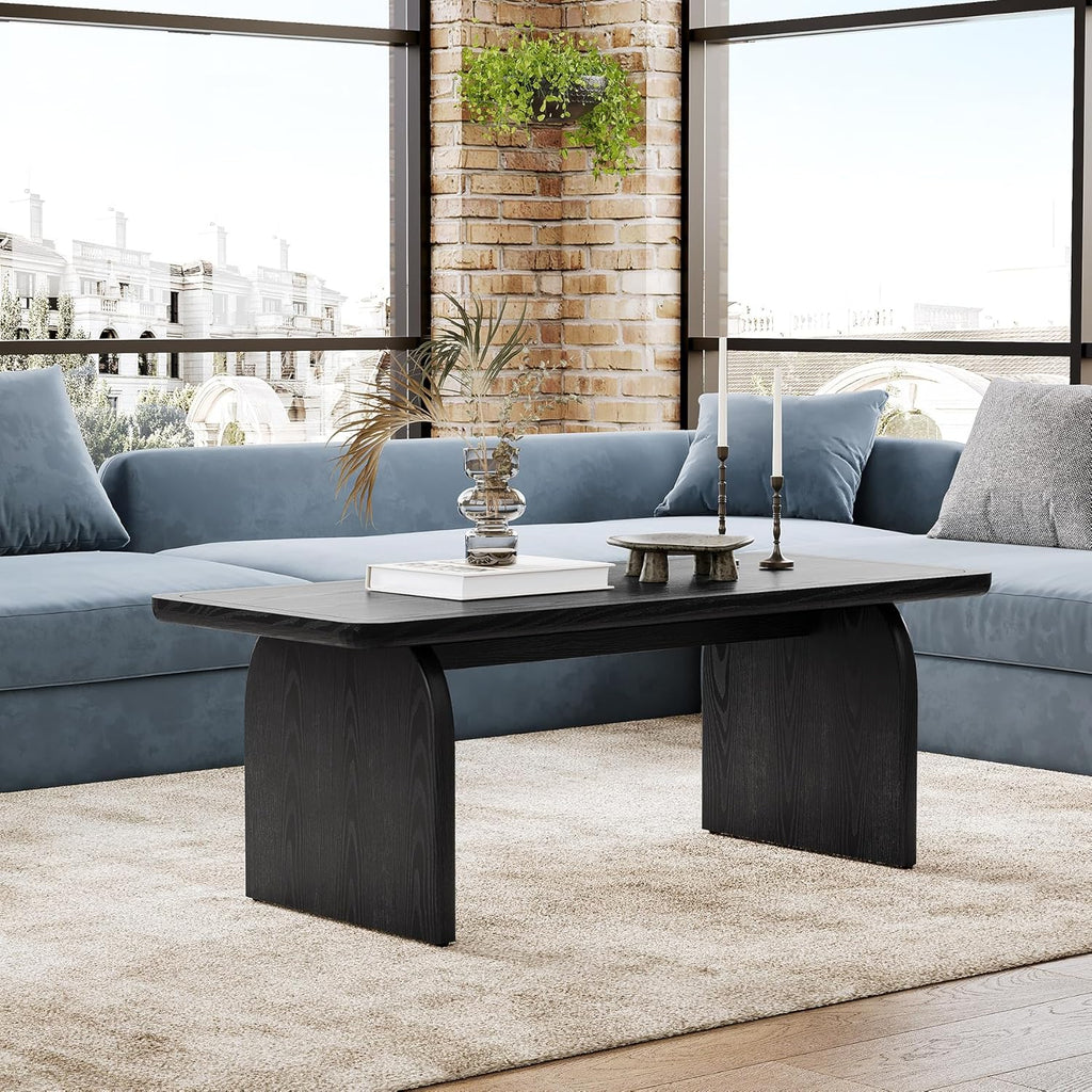 LITTLE TREE Farmhouse Coffee Table 47 Inch Round Corner Wood Center Table Rectangular