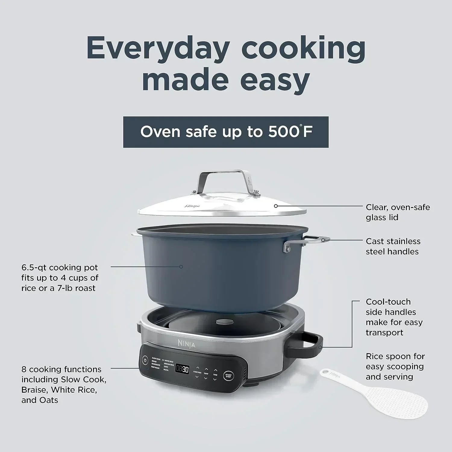 Ninja Slow Cooker 8.5 Quart Multi Cooker with Dutch oven steamer glass lid with integrated spoon