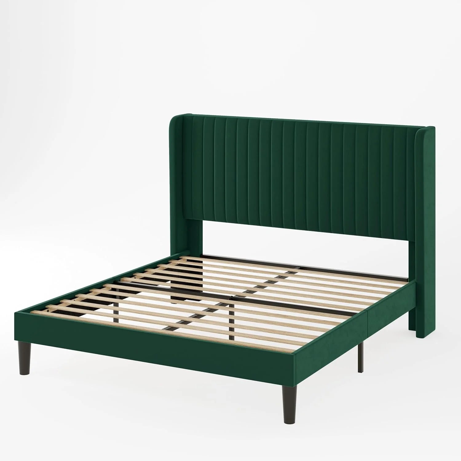 Allewie Full Size Velvet Bed Frame Vertical Channel Tufted Wingback Headboard Upholstered Bed