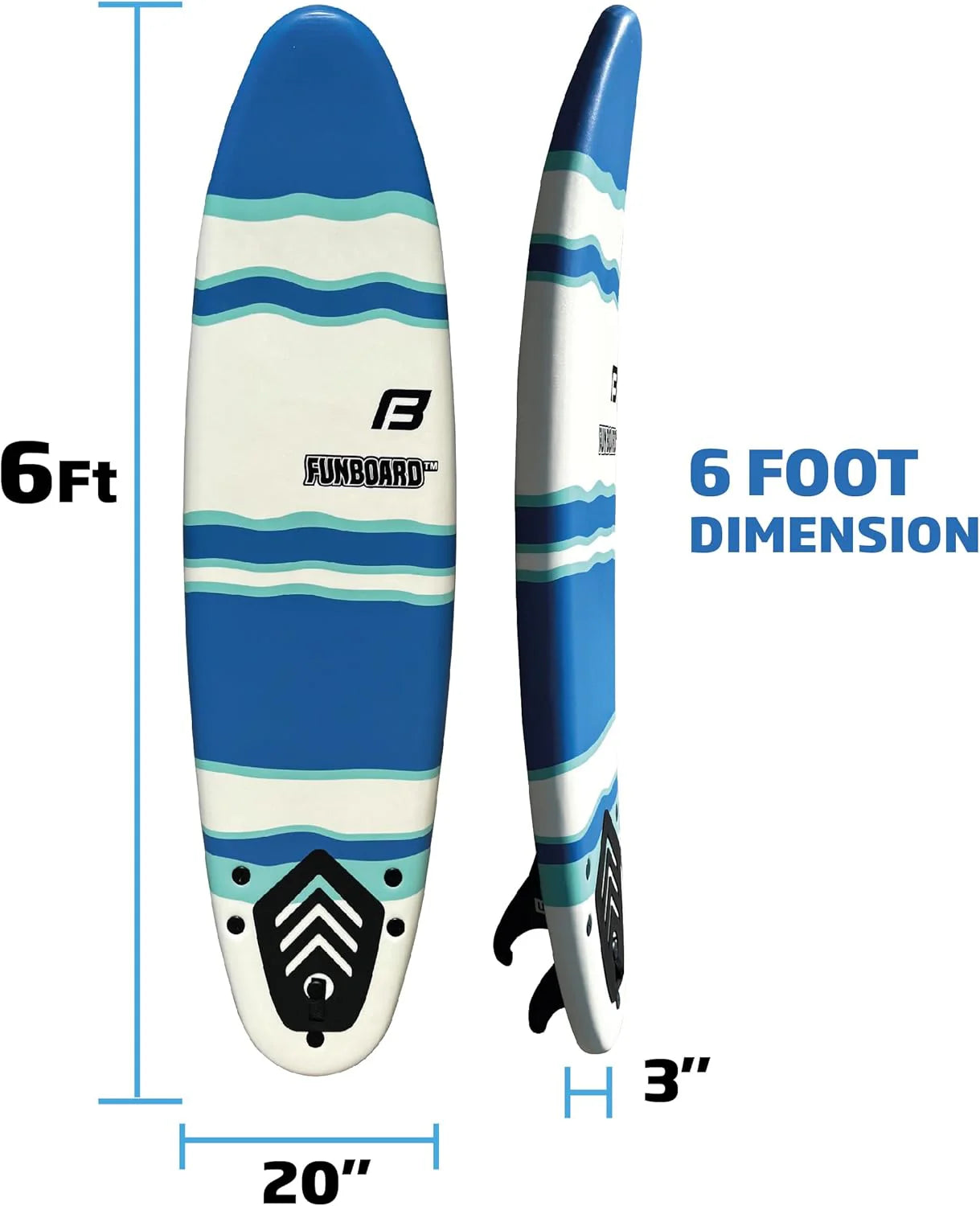 6 FUNBOARD Surfboard Softboard Foam Include (3) Fins 6 Foot Leash and (2) Wood Stringers