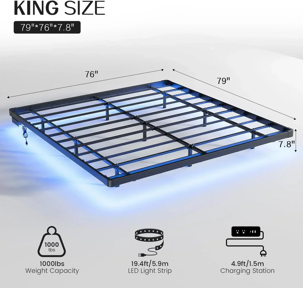 OLEVS Floating Bed Frame Queen Size with Smart LED Lights Modern Metal Platform Bed