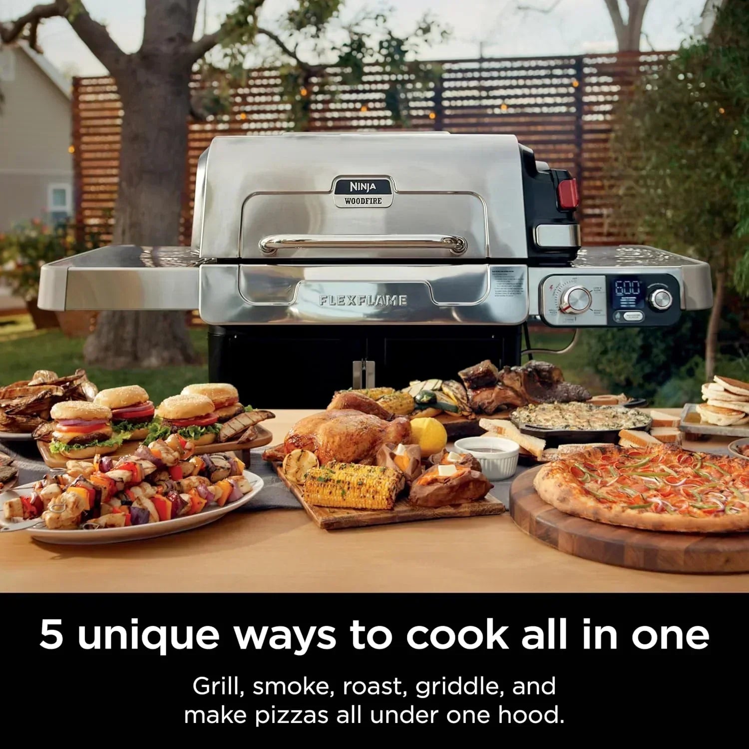 Ninja FlexFlame Grill and Smoker Electric Propane Grill Roaster BBQ Grill 5-in-1 Cooking System