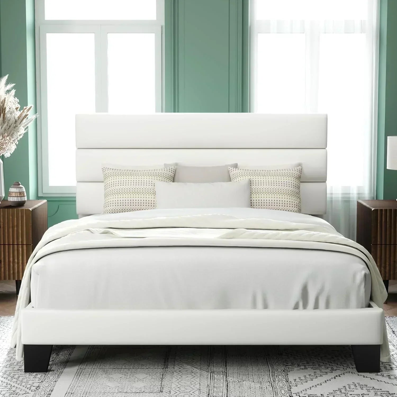 Allewie King size platform bed frame with velvet upholstered headboard and planks