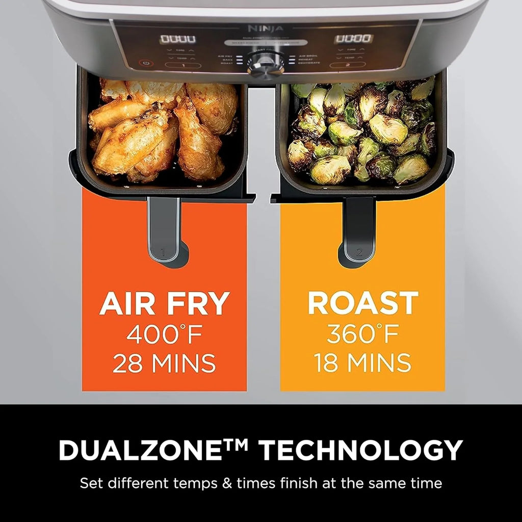 Ninja Foodi 10QT 6-in-1 DualZone Smart XL Air Fryer, 2 Independent 5QT Baskets, Smart Cook Thermometer, Match Cook, Smart Finish, Air Fry, Roast, Bake, Dehydrate, Reheat, Grey, DZ550