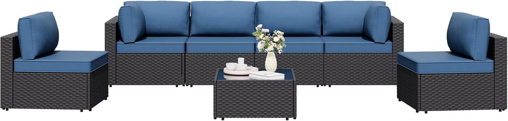 Shintenchi 5 Pieces Outdoor Patio Sectional Sofa Couch, PE Wicker Furniture Sets, Patio Conversation Sets with Washable Cushions Glass Coffee Table for Garden, Poolside, Backyard, Aegean Blue