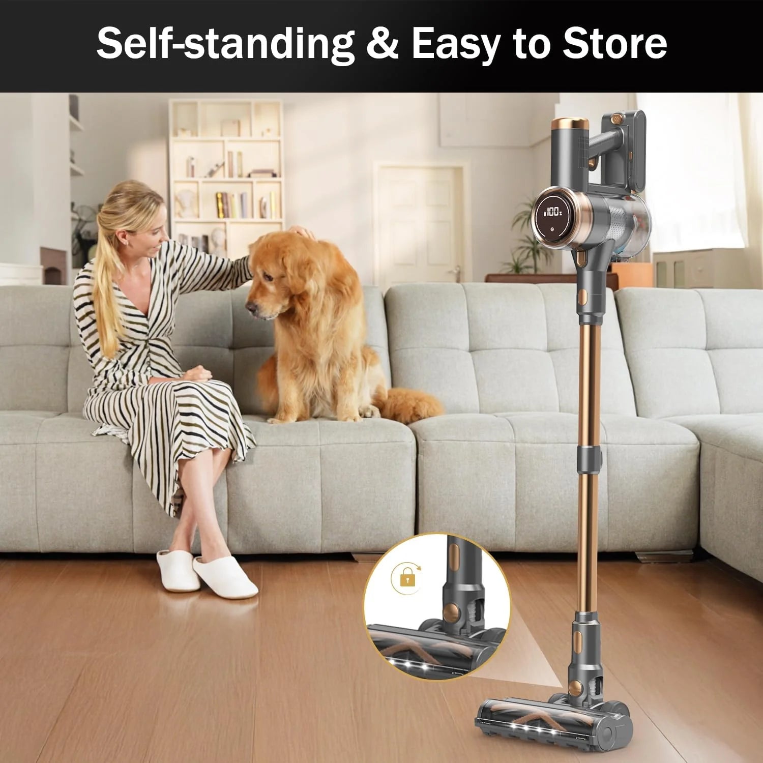 Cordless Vacuum Cleaner, 10-in-1 Lightweight Stick Vacuum with 45mins Runtime, Powerful Suction, LED Touch Screen, Rechargeable Vacuum Cleaners for Home Hardwood Floor Carpet Pet Hair (Gold)