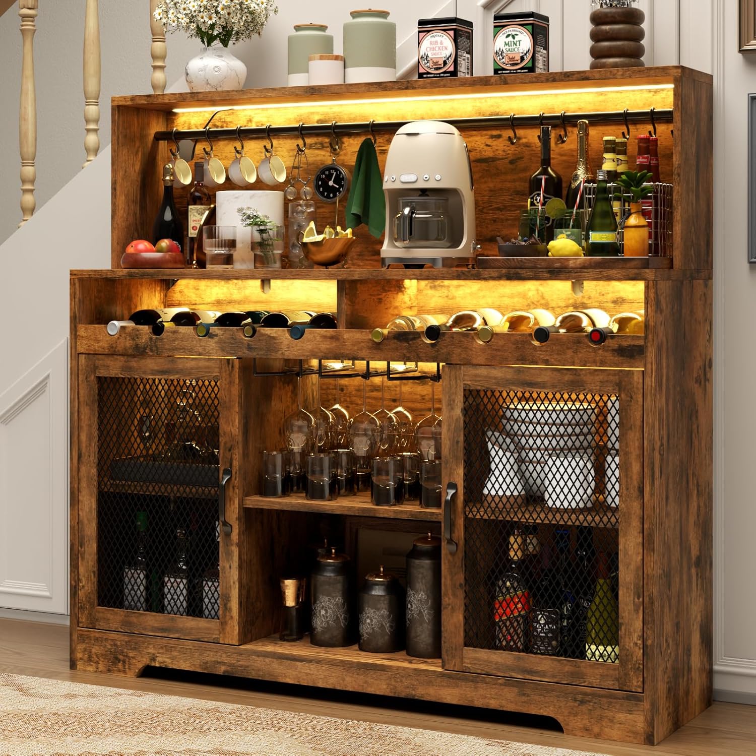 Wine Bar Cabinet with LED Light Liquor Cabinet with Glass Holder Coffee Bar for Liquor