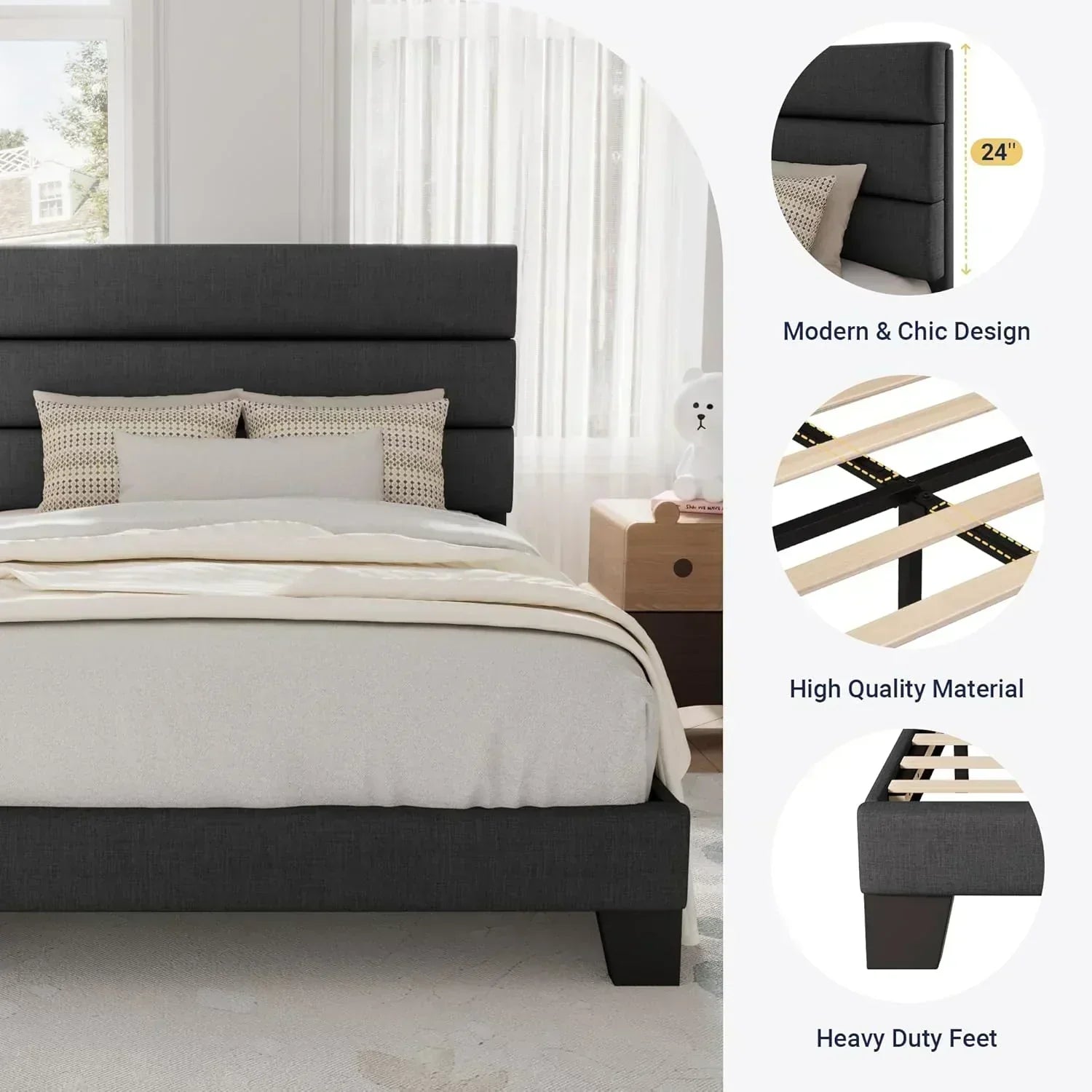 Allewie King size platform bed frame with velvet upholstered headboard and planks