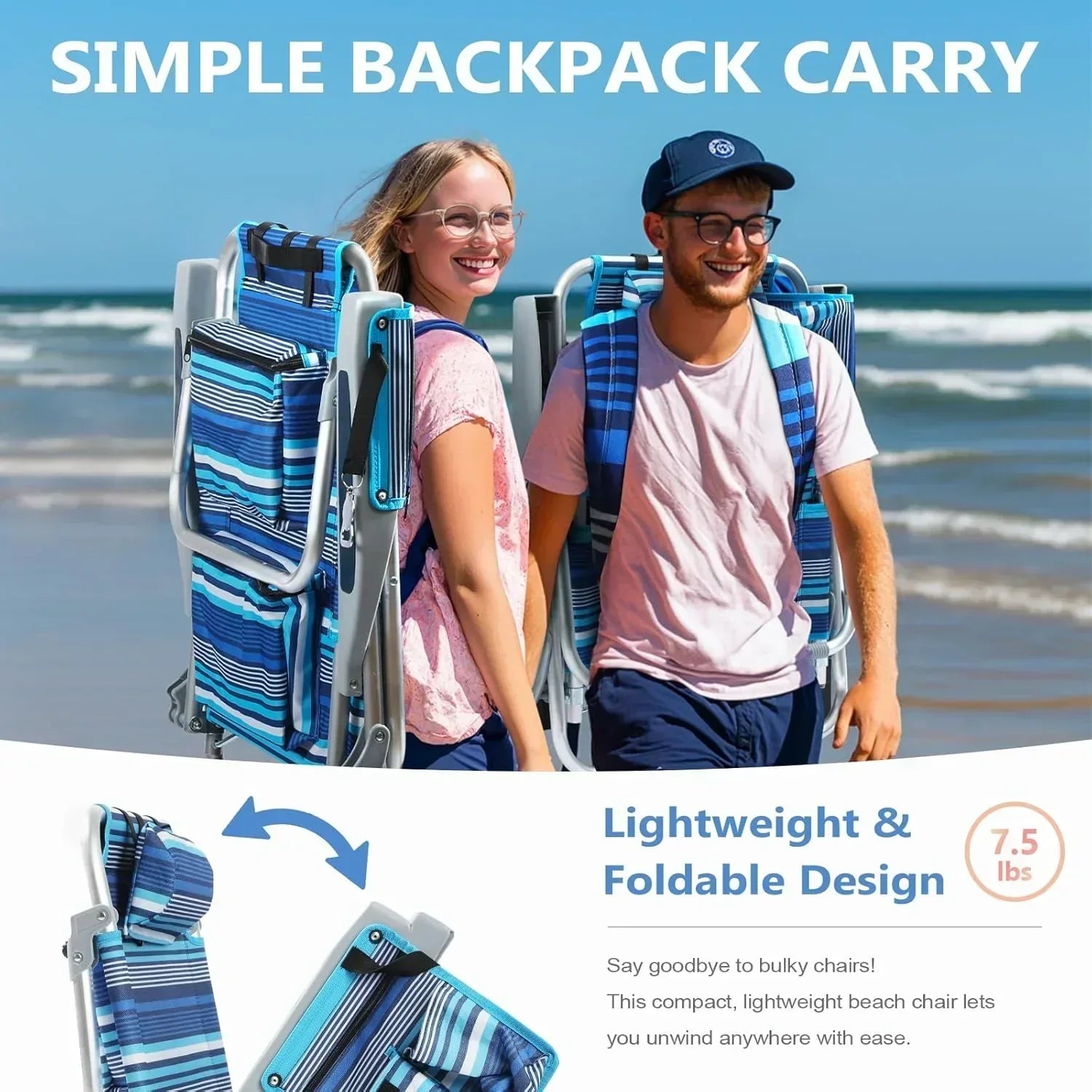5-Position Aluminum Lay Flat Tall Backpack Beach Chairs 2 Pack Compact Portable Beach Chairs