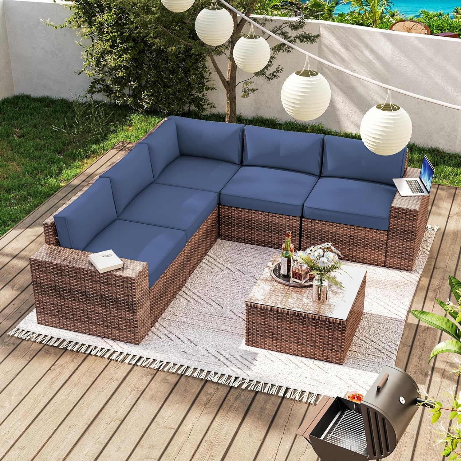Aoxun 8 Piece Patio Furniture Set with 44?Fire Pit Table Wicker Rattan Outdoor Sectional Sofa Set with Coffee Table and Thickened Cushions, Beige (Waterproof Cover Included)